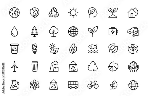 Environment icon set, line editable symbols, eco nature symbol collection, sustainability design elements, environmental conservation icon pack, vector illustration.