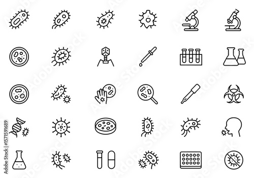 Microbiology line icon set, editable stroke, science laboratory symbols, bacteria and cell structure icons, medical research glyphs, pathogen infographic elements, vector illustration.