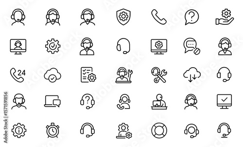 Support Service Helpline, Call Center Assistance, Technical Help, Customer Care Interface, IT Network Operations, Remote Troubleshooting, User Helpdesk Contact, Icons Vector Illustration.