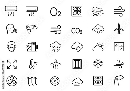 Air line editable ventilation icon set, air conditioner fan symbol, wind breeze graphic, oxygen flow shape, pollution control emblem, air quality monitoring icon, vector illustration.