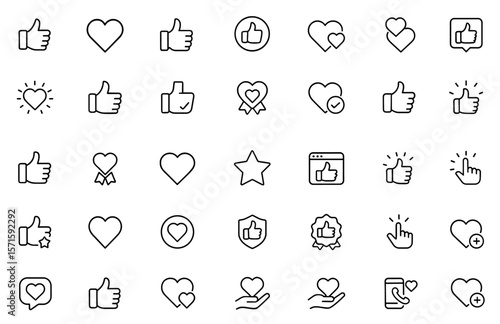 Editable line Like icon set, thumbs up, favorite, affirmation, validation, appreciation, social media UI symbols, user engagement icon pack, vector illustration.