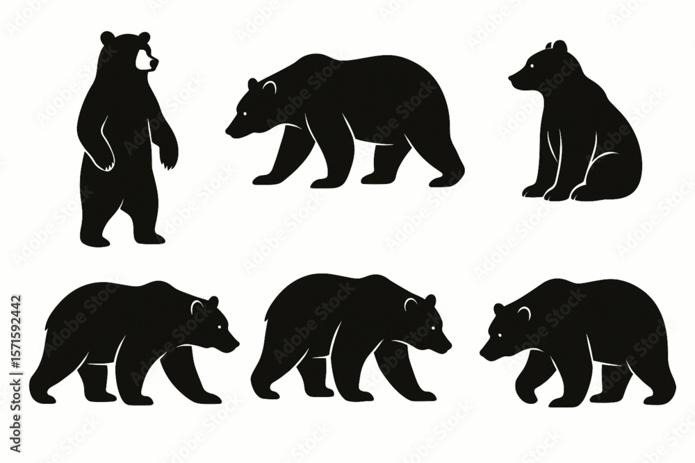 Naklejka premium Bear Silhouette Vector Set with Various Poses – Standing, Walking, Sitting for Wildlife and Nature Designs on White Background