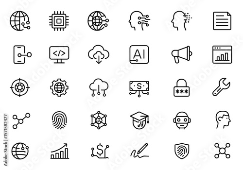 Digitalization line editable icon set containing embedded systems, virtual data, artificial intelligence, database computing, cyberspace connection, binary code vector illustration.
