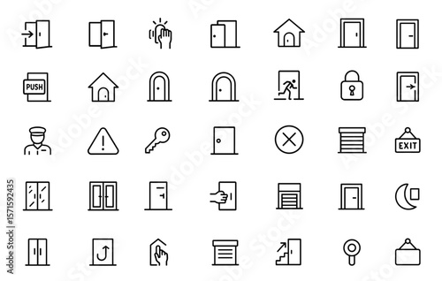 Doorway Icon Set, Entry and Exit Symbols, Doorbell and Knock Alert, Push and Pull Mechanics, Home Entrance and Key Access, Emergency Exit and Garage Door, Interface Icon Pack, Vector Illustration.