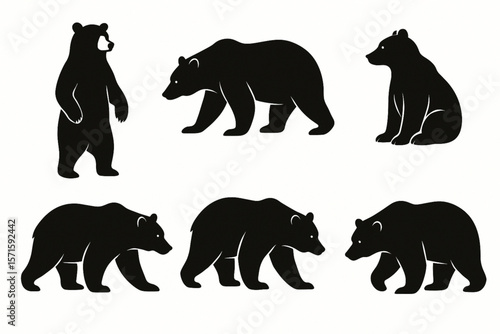 Bear Silhouette Vector Set with Various Poses – Standing, Walking, Sitting for Wildlife and Nature Designs on White Background