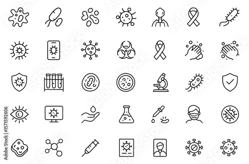Microorganisms line editable icon set, vector illustration, biology laboratory icons, microbiology research icons, bacteriology disease study, virus immune infection symbols, pathogen identification.