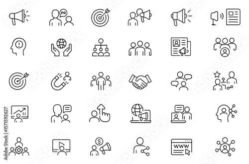 Public relations line editable icon set, campaign promotion marketing announcement icons, audience engagement communication megaphone journalism icons press outreach vector illustration.