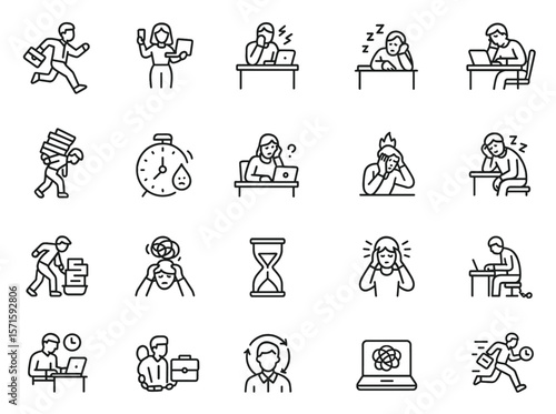 Workaholic workaholism icon set, editable line art illustrating burnout, busy fatigue, stress overload, multitask pressure, productivity challenge, addiction, habit vector illustration, png.