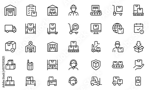 Warehouse line editable icon set for logistics, storage, inventory, distribution, shipping, supply chain, cargo handling, pallet rack, forklift operations, vector illustration png.