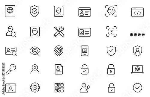 Identity verification line editable icon set, passport, biometric authentication, fingerprint recognition, face ID scanner, privacy protection security interface icons, vector illustration.