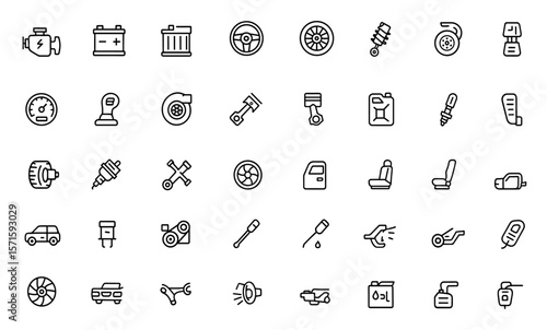 Editable line car parts icon set, automotive spare parts, engine, transmission, tire, battery, headlamp, fuel pump, piston, brake, chassis, mechanical components icons, vector illustration.
