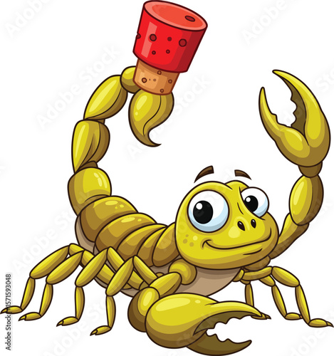 Cheerful cartoon scorpion with a red cork on its tail and big eyes