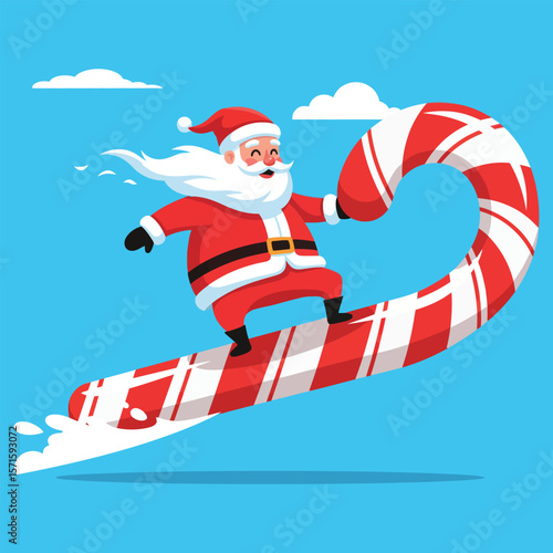 Cheerful cartoon Santa Claus surfs on a giant candy cane, having fun