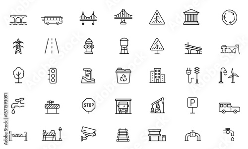 Infrastructure line editable icon set, public facility, city transport, urban architecture, utility services, energy network, city infrastructure planning, png, vector illustration.