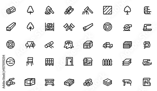 Wood line icon set, timber industry, forestry tools, ax, lumberjack, chain saw, sawmill, sustainable wood material, construction hardware, furniture design, pallet vector illustration.