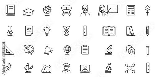 Education & School line editable icons set, icon, school, education, learning, student, classroom, teacher, university, study, graduation, library, certificate, science, vector illustration