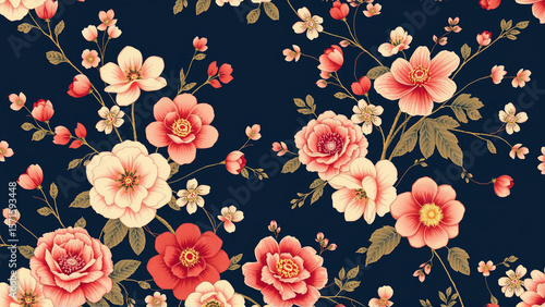 Wallpaper Mural Vintage plant pattern in Japanese style. Image of roses on a dark background Torontodigital.ca