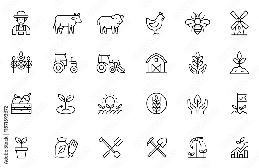 Fototapeta premium Farming and agriculture line editable icon set, farmer, cow, pig, lamb, chicken, bee, windmill, wheat, corn, harvesting, sustainable farming, organic farming tools Vector illustration.