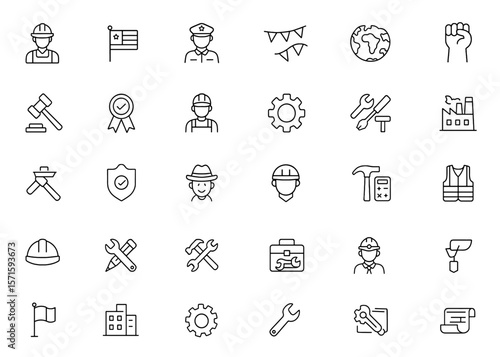 Editable line icon set for Labor Day celebration, workforce solidarity, industrial tools, safety helmet, union support, blue collar, vector illustration, editable stroke, cutout.