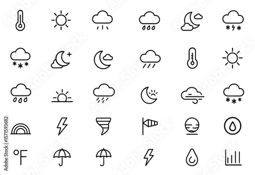 Weather line editable icon set, sun symbol temperature indicator, rain snow cloud humidity stormy sky forecast barometer meteorology climate change environment vector illustration, UI pack.