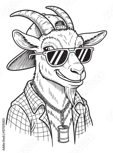 A Black and White Cartoon Illustration of a Cool Goat Character with Sunglasses, a Baseball Cap, a Plaid Shirt, and a Chain Necklace with a Can Pendant