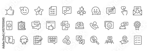 Feedback and survey line icon set.  Containing customer reviews, check list, rating, choice, thumbs up, surveyor, audience, support and more. Editable stroke. Vector illustration.