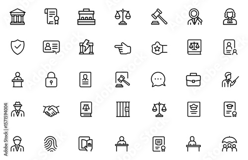 Line editable legal icons set for law firm services, courtroom, justice scales, gavel, case files, attorney consultation, judge, contract management, legislation vector illustration.