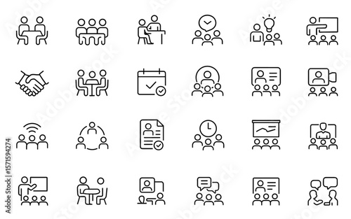 Editable Meeting Line Icon Set for Conference, Team & Group, Presentation and Collaboration. Vector illustration, office symbols, seminar workshop, agenda, corporate workspace iconography.
