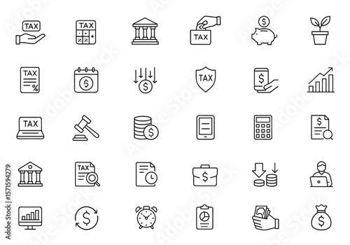 Editable line icon set of income tax, tax amnesty, finance, economy, savings, investment and accounting symbols, vector illustration, fiscal planning graphics, taxation toolkit icons.
