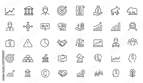 Editable line icon set for stock market including stocks, stock exchange, shares, investment, bull market, bear market, portfolio, trading strategy, economics, Vector illustration.
