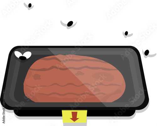 Rotten burger meat tray with flies