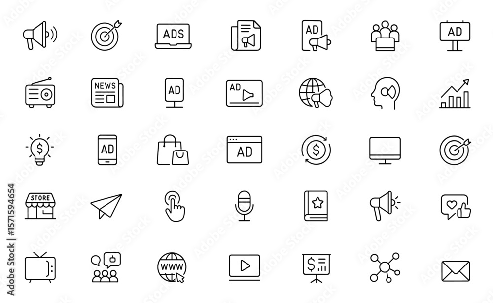 Editable stroke advertisement icon set for marketing and promotion, including advertising, branding, social media, billboard, radio, television, web, ecommerce, png, vector illustration. Editable stroke advertisement icon set for marketing and promotion, including advertising, branding, social media, billboard, radio, television, web, ecommerce, png, vector illustration.