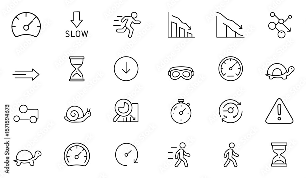 Fototapeta premium Slow Concept Editable Stroke Icon Set, Speed Control, Performance Monitoring Suite, Patience Symbol, Hourglass Timer, Turtle, Efficiency Dashboard, Productivity Snail, Vector Illustration.