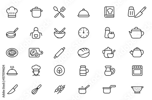 Editable cooking icon set, chef kitchen tools and ingredients, recipe prep, baking essentials, chopping board, frying pan, rolling pin, utensils, kitchenware, vector illustration, png.