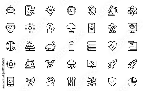 Editable technology icon set with AI circuits, robotics automation, IoT, cloud computing, biometric sensors, industry hardware, drone control, processor design, vector illustration.