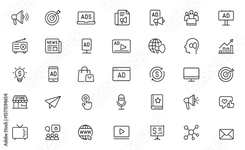 Editable stroke advertisement icon set for marketing and promotion, including advertising, branding, social media, billboard, radio, television, web, ecommerce, png, vector illustration.