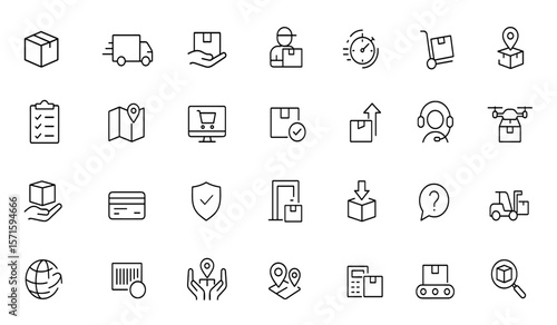 Delivery Icons Set, Editable Stroke, Vector Illustration, Logistics, Shipping, Courier Service, Express Truck, Parcel Handling, Order Tracking, Last Mile Delivery, E-commerce Fulfillment.