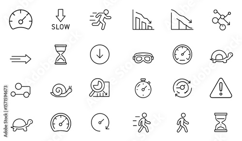 Slow Concept Editable Stroke Icon Set, Speed Control, Performance Monitoring Suite, Patience Symbol, Hourglass Timer, Turtle, Efficiency Dashboard, Productivity Snail, Vector Illustration.
