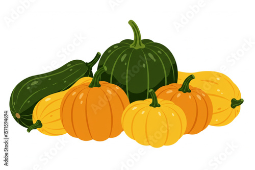 Harvest pumpkins graphic featuring squash, zucchini, and gourds in shades of green, yellow and orange perfect for autumn and fall design projects.