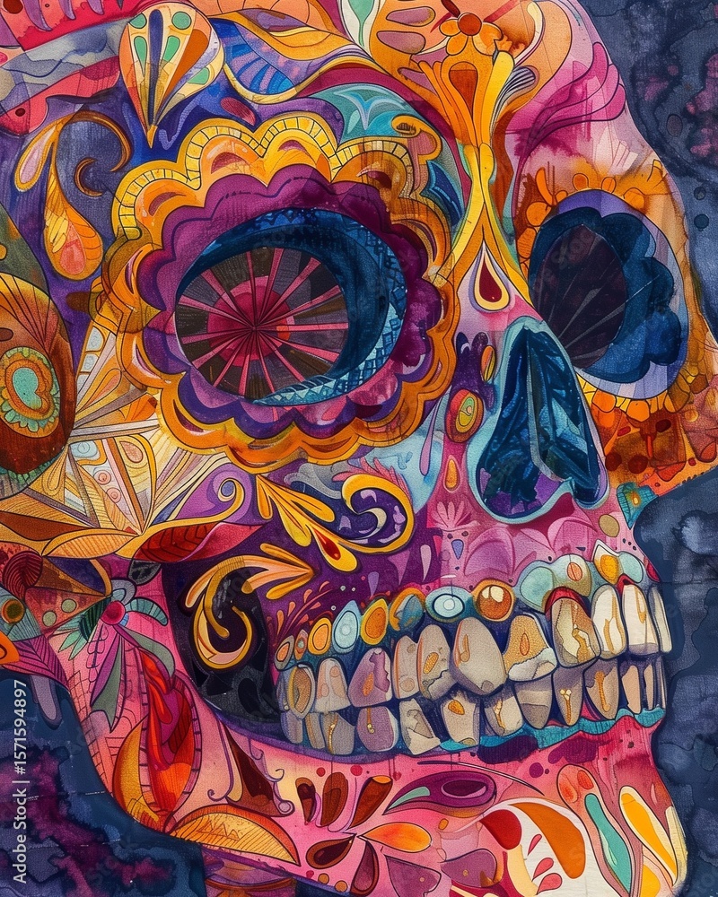 Obraz premium a close-up of a beautifully crafted calavera mask with intricate designs and vibrant hues