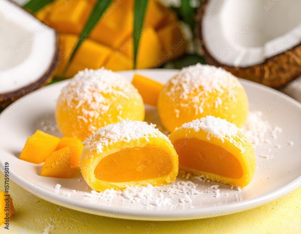 Fototapeta premium Bright yellow tropical mango and coconut desserts sit on a white plate, with one soft sweet piece revealing its juicy fruit center.