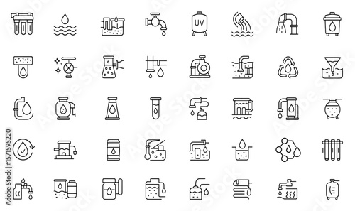 Water treatment line editable icon set with water filtration, aquifer, sewage treatment, filter, drain, chlorinated, ultraviolet cleaning, wastewater management, purification, vector illustration.