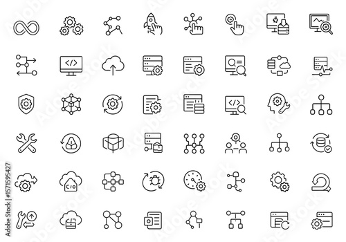 DevOps editable icon set, automation, deployment, agile workflows, software development, infrastructure, continuous integration, cloud computing, monitoring, scalable system, vector illustration.
