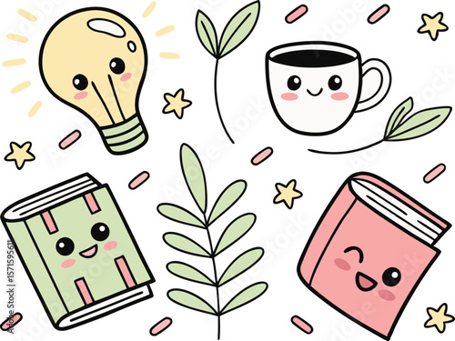 "Cartoon doodle books, coffee cup, light bulb, leaves, stars with cute kawaii faces, colorful education and learning vector illustration for school, study, reading, and creative design"