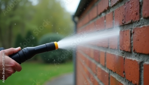 Cleaning Brick Wall with High-Pressure Washer