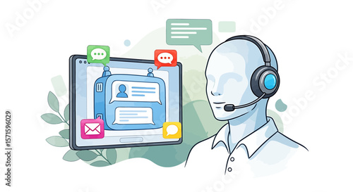Customer service representative with headset and tablet showing message notifications online support