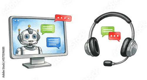 Illustration of a chatbot on a computer screen with a headset and speech bubbles nearby