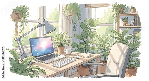 Illustration of a cozy home office setup with laptop, plants, and natural light coming through window