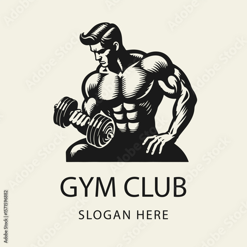 Black and white flat vector logo of a muscular man training with dumbbells. Ideal for gym logos, personal trainers, fitness apparel, and strength workout concepts.
