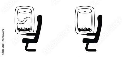 Airplane chair or air plaine seats. For airplane window. Passengers in aeroplane windows. Aeroplane for sitting on passenger in economy class. Plane interior with aisle, reclining seats and portholes.